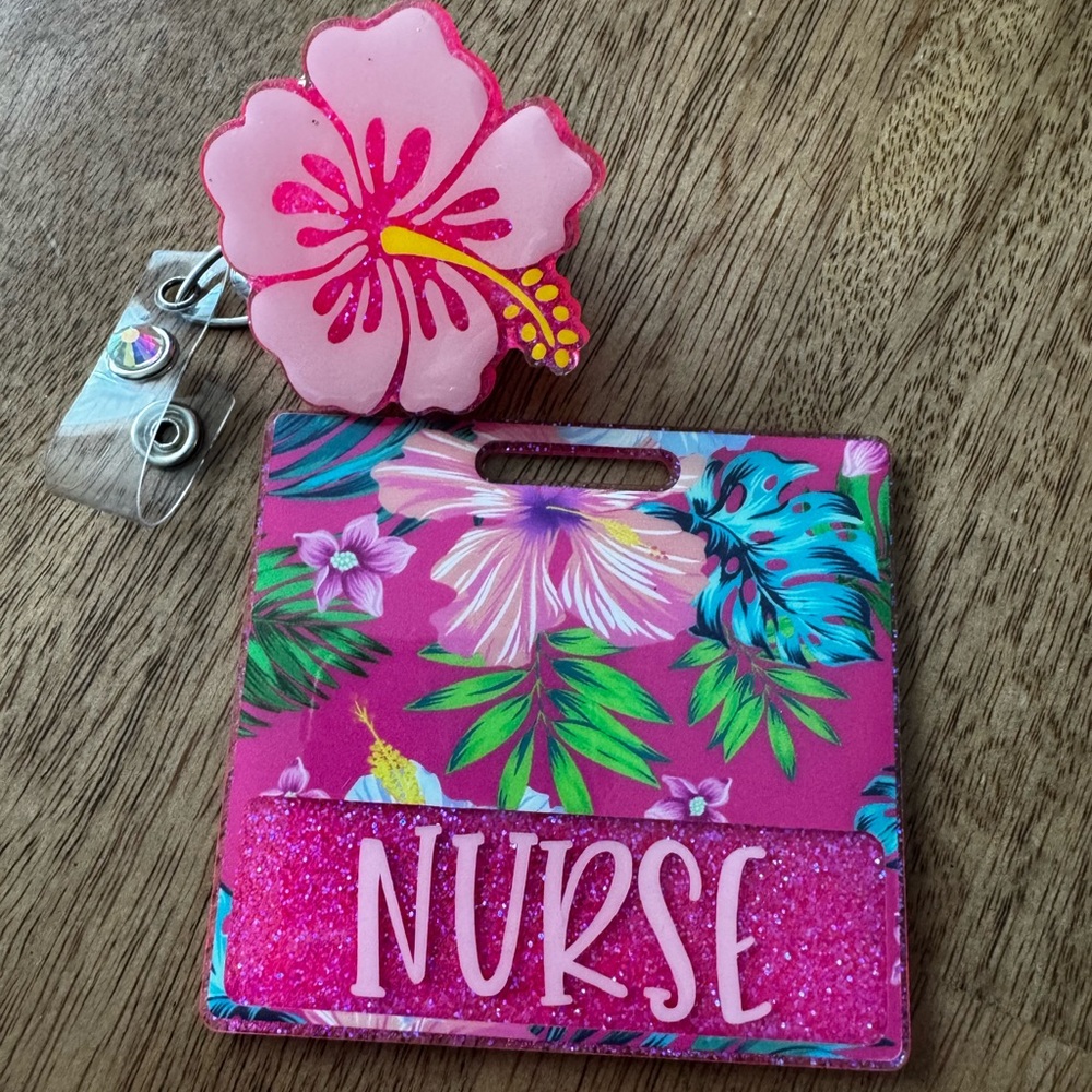 Pink Floral 'NURSE' Badge Holder with Hibiscus Reel